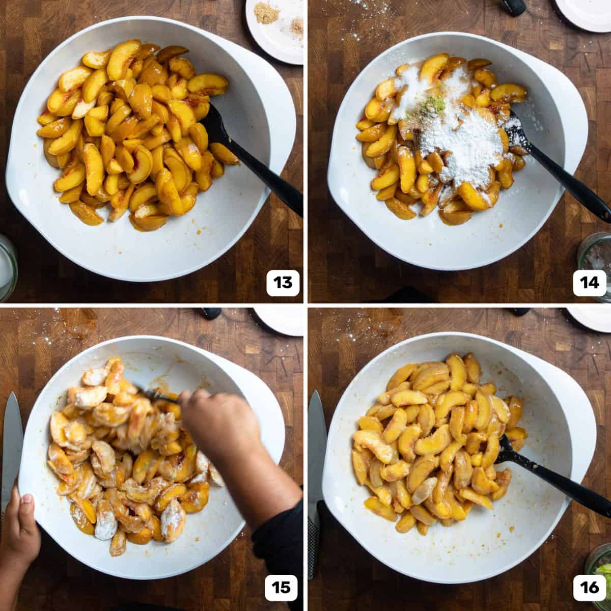 Preparing the peach pie filling in a large white bowl by mixing it with sugar and tapioca starch.