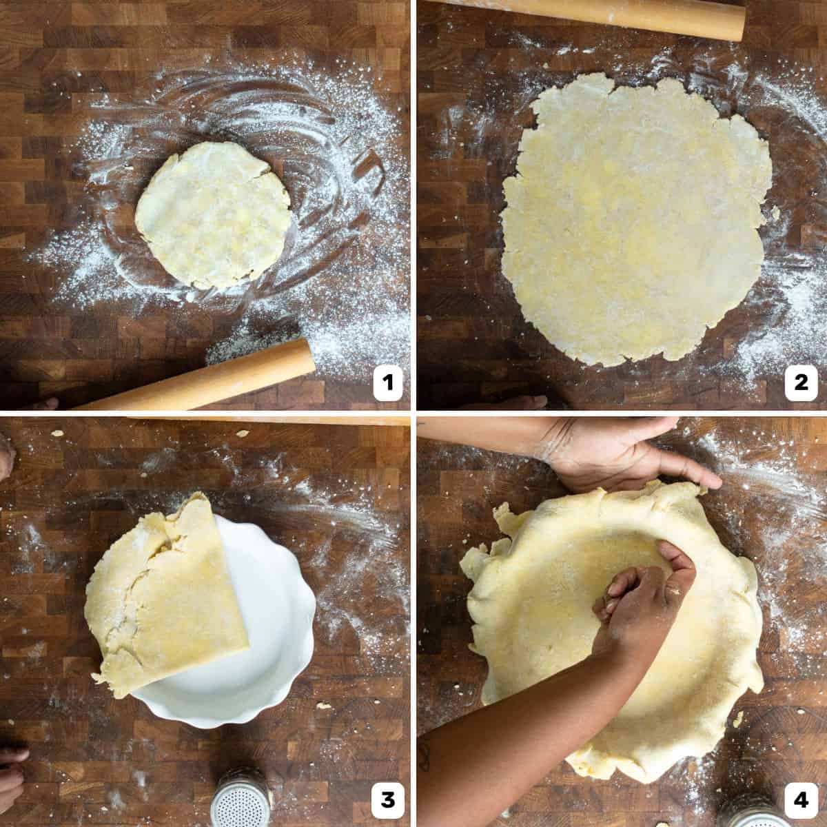 Four panel image of transferring the rolled out pie crust dough onto the pie plate on a wooden surface.
