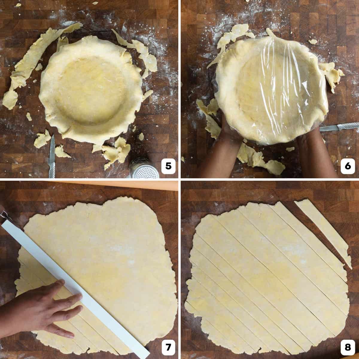 Four panel image of pie dish covered with pie crust dough, and then cutting another rolled out pie dough into strips.