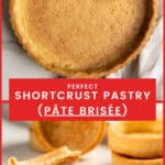 A big tart shell and a few small round tart shells made with shortcrust pastry, and a small tart shell broken into pieces.